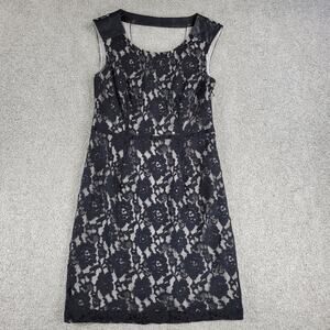 DKNY Jeans Lace Dress Womens 4 Black Faux Leather Trim Cotton Blend Sleeveless